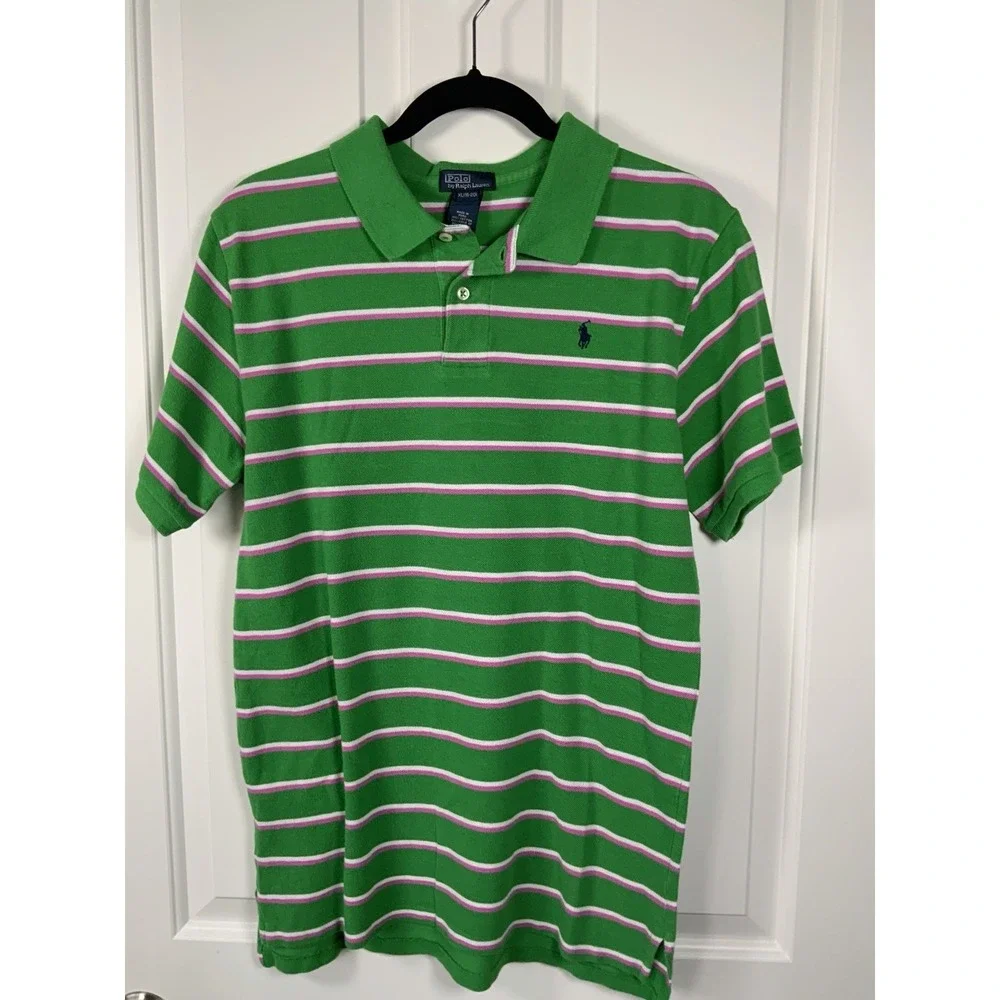 Ralph Lauren You G Men's‎ Golf Polo, Sz 18/20, Green Stripped Cotton